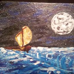 Sailboat at night on the sea. Great deal!