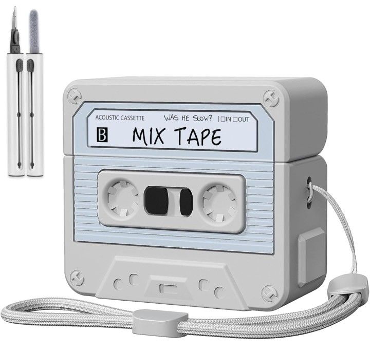 📀 MOFREE AirPods 3rd Gen Case Cover + Cleaner Kit | Retro Cassette Tape Design, Shockproof Soft Silicone, Lanyard Included – Grey
