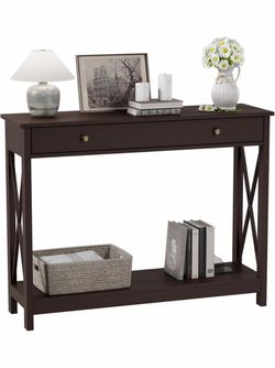 Treocho Espresso Console Table with Drawer and Storage Shelves, Foyer Sofa Table Narrow for Entryway, Living Room, Hallway