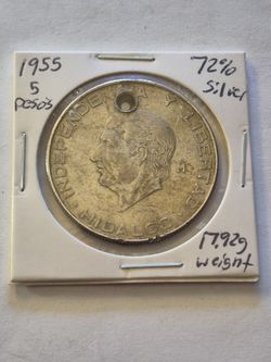 1955 Mexican - 5 Pesos 72% silver Coin