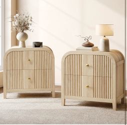 Pair of Japandi Fluted Nightstands – Light Oak Curved 2-Drawer Accent Tables (Brand New)