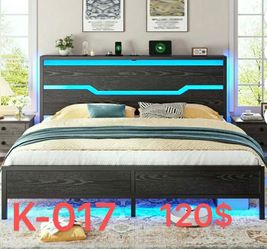 （K-017）Metal Bed Frame with Headboard King Size Metal Bed Frame with Storage & Charge Station & LED Lights & 13" Under-Bed Storage, Black