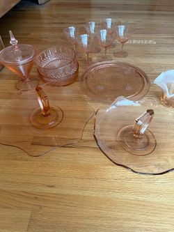 Rose colored glasses and serving pieces