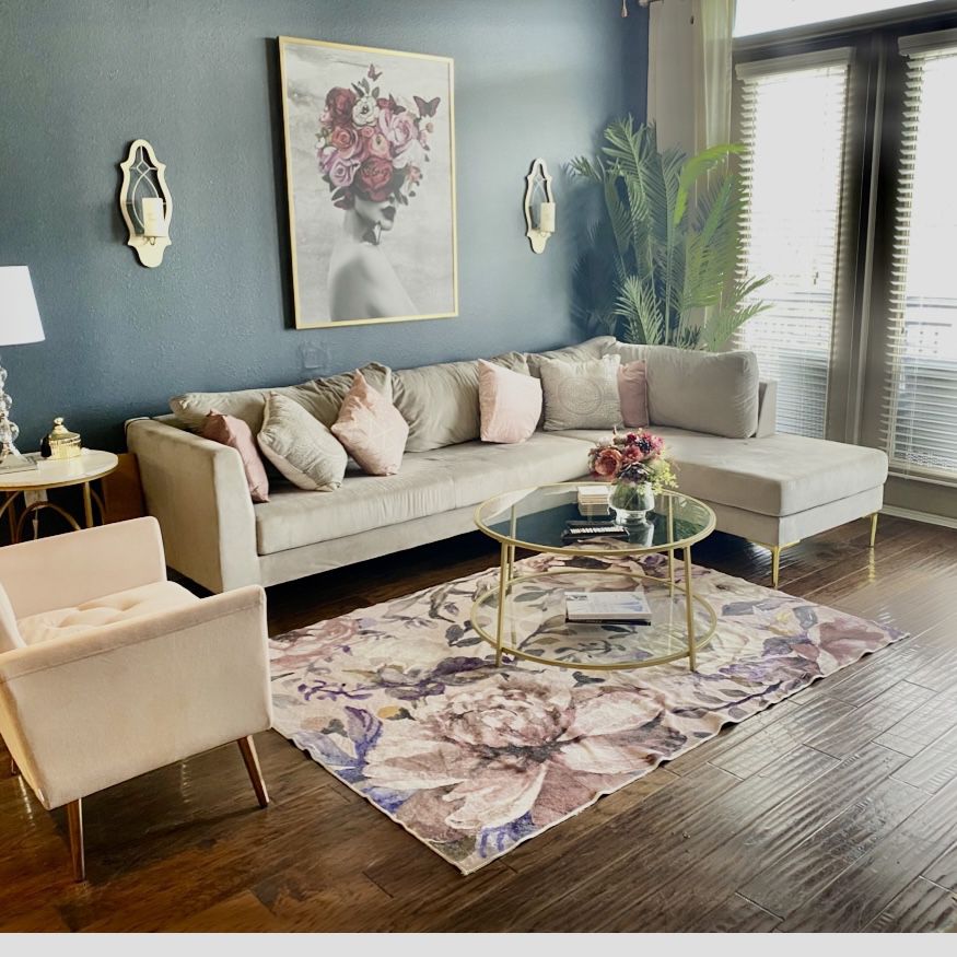 Grey Velvet Sectional Sofa / Coffee Table / Carpet 