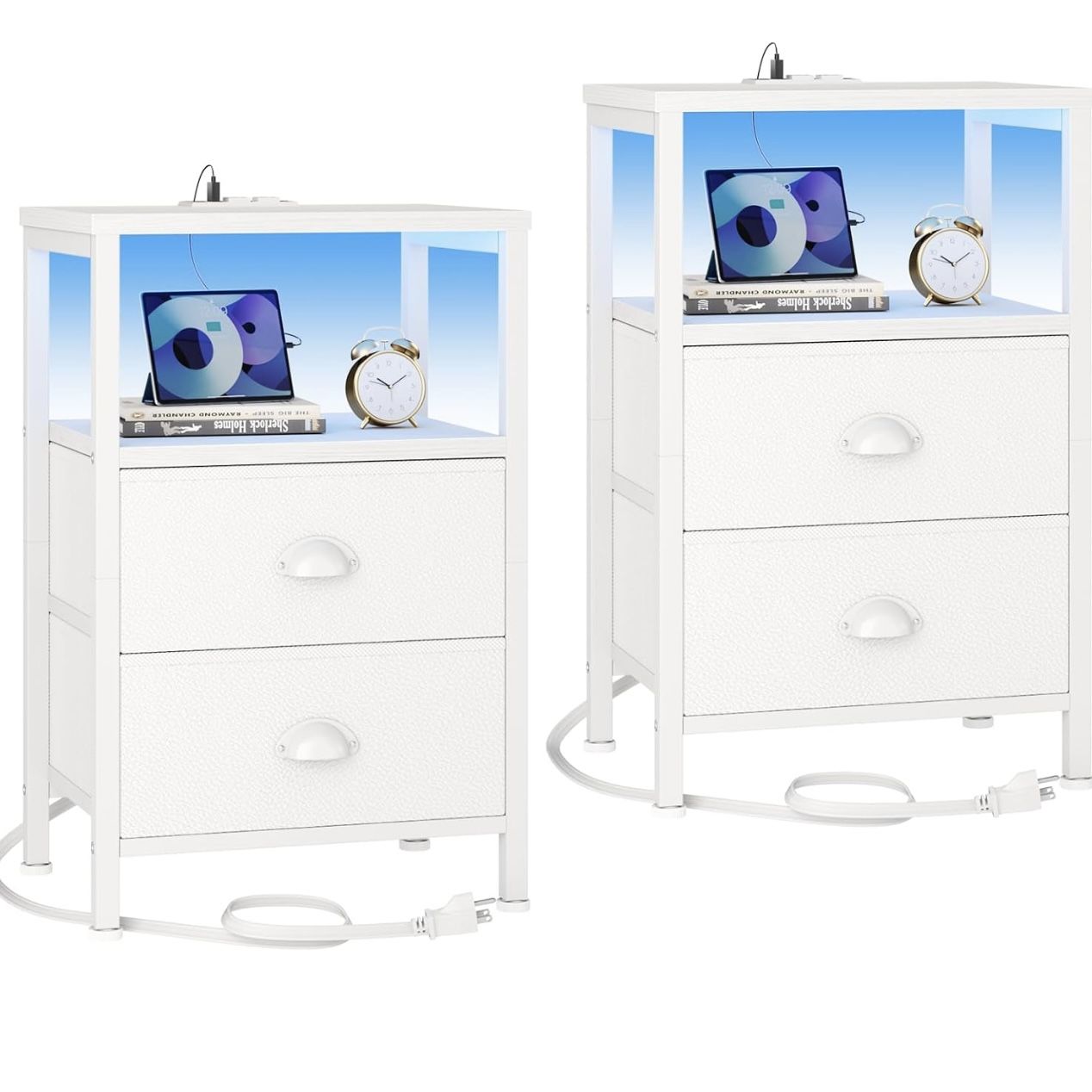 2 Nightstands Set with Charging Station and LED Lights White End Table Fabric Drawers Bedroom
