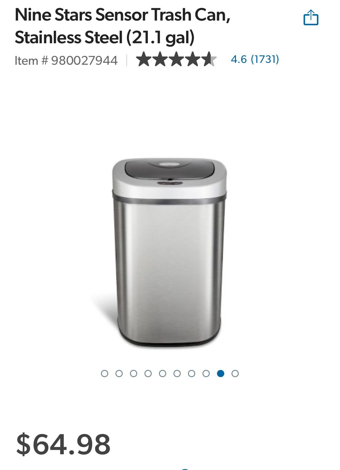 Nine Stars Sensor No Touch/Auto Trash Can, Stainless Steel (21.1 gal)
