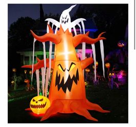 10 FT Halloween Inflatables Tree Outdoor Decorations Blow Up Yard Scary Dead Tree with Pumpkin and Ghost with Built-in LEDs for Garden Lawn Indoor Par