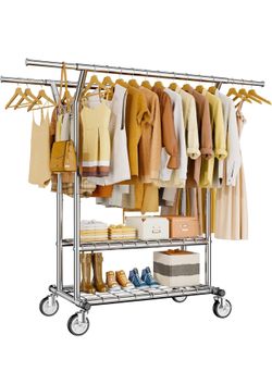 HYSEYY Heavy Duty Clothes Rack, Rolling Clothing Rack With Shelves Load 620 LBS, Double Rod Clothing Racks for Hanging Clothes, Portable& Adjustable C