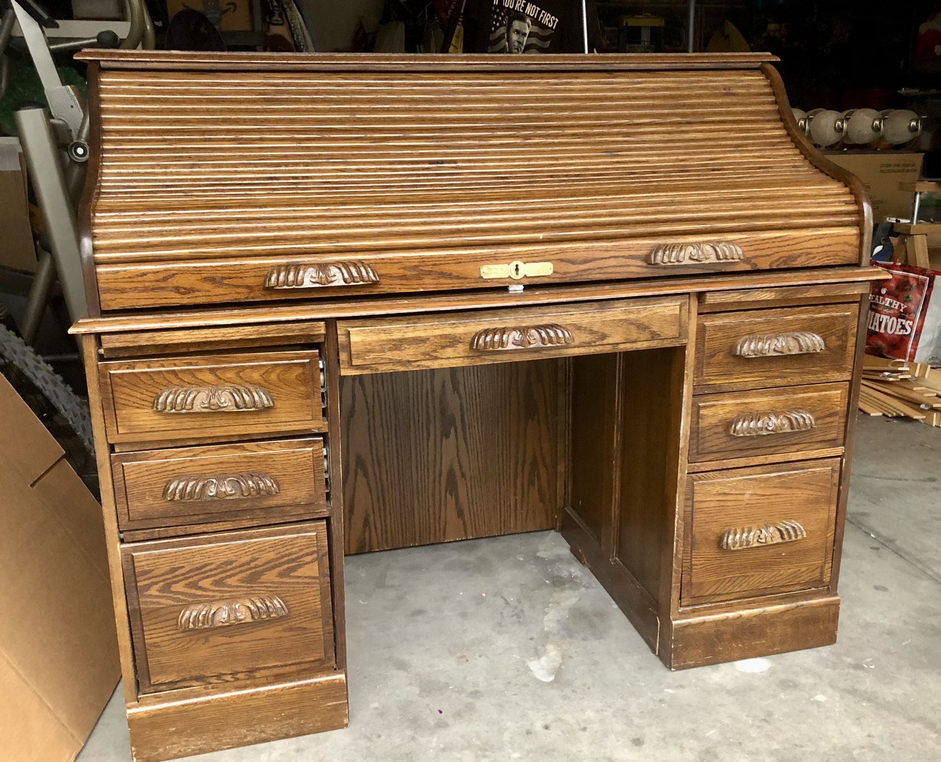 Vintage Oak Hardwood & Brass S Curve Roll Top Secretary Office Library Desk 48"