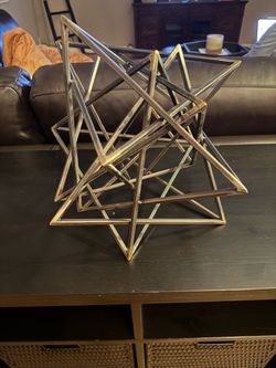 Modern Gold Geometric Star Table Sculpture / Abstract Brass Metal Cubist Decor