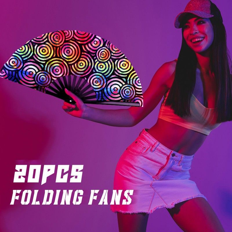 20 Pcs Rave Fans Bulk Large Folding Hand Fans with Plastic Ribs for Men Women, Chinese Japanese Rainbow Handheld with Fabric Case for Drag Queen Dance