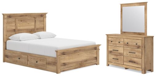 Makidern Tan Queen Panel Bed w/ Storage, Dresser and Mirror