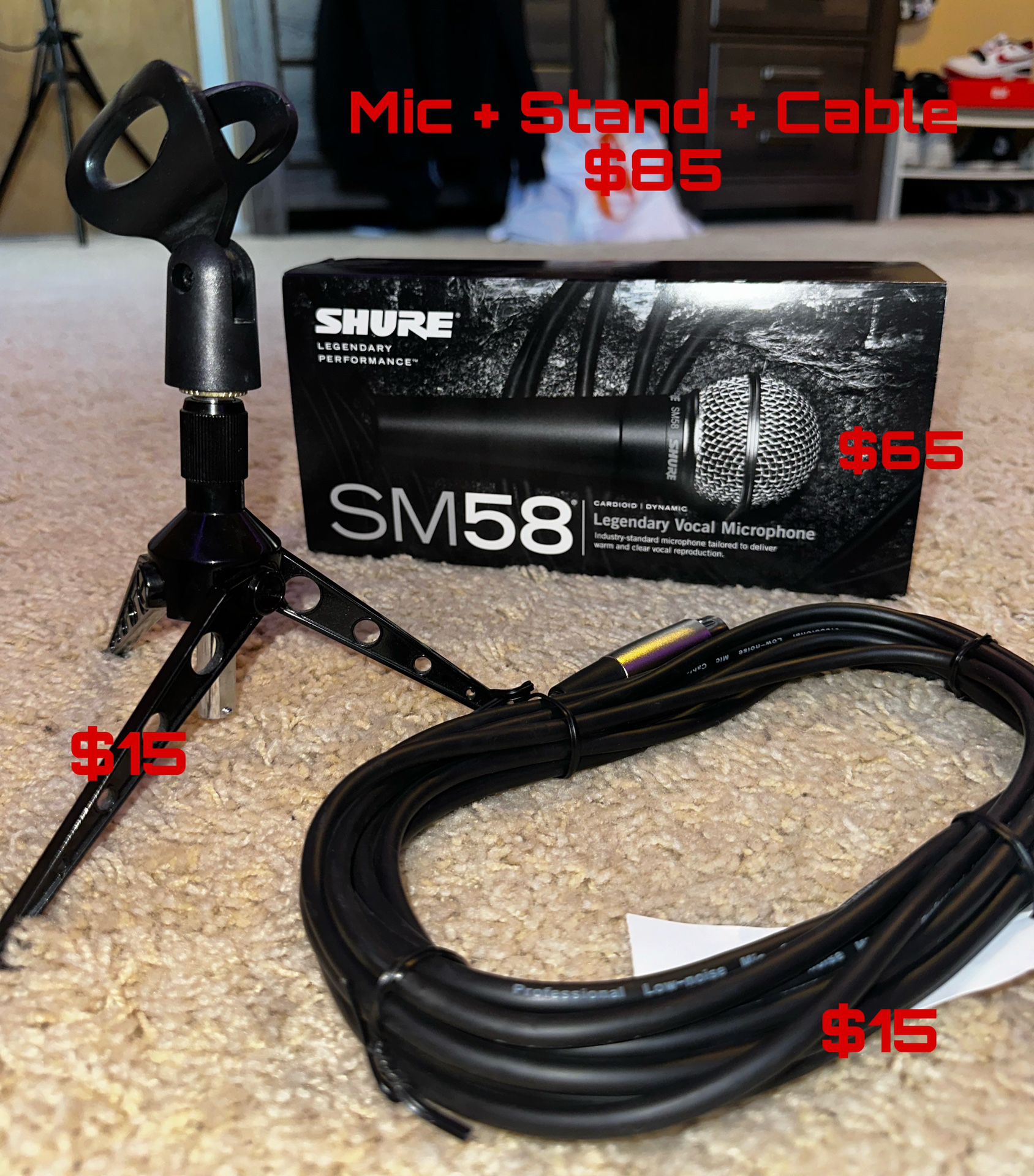 Shure SM58 Microphone, Desktop Mic Stand And Cable