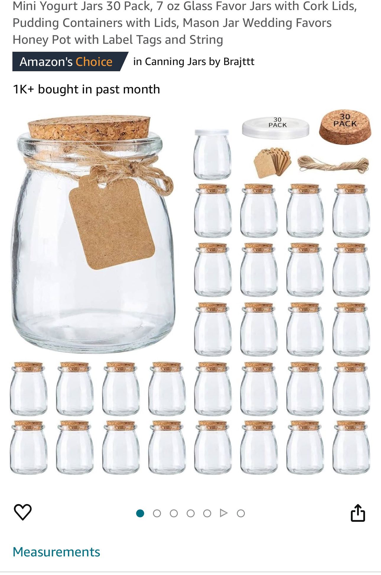 Mini Yogurt Jars 30 Pack, 7 oz Glass Favor Jars with Cork Lids, Pudding Containers with Lids, Mason Jar Wedding Favors Honey Pot with Label Tags and S