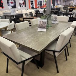 Brown Dining Table and 6 Beige Side Chairs / 7-piece Set