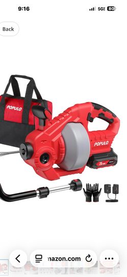 POPULO 20V Cordless Electric Drain Snake, 25Ft Replaceable