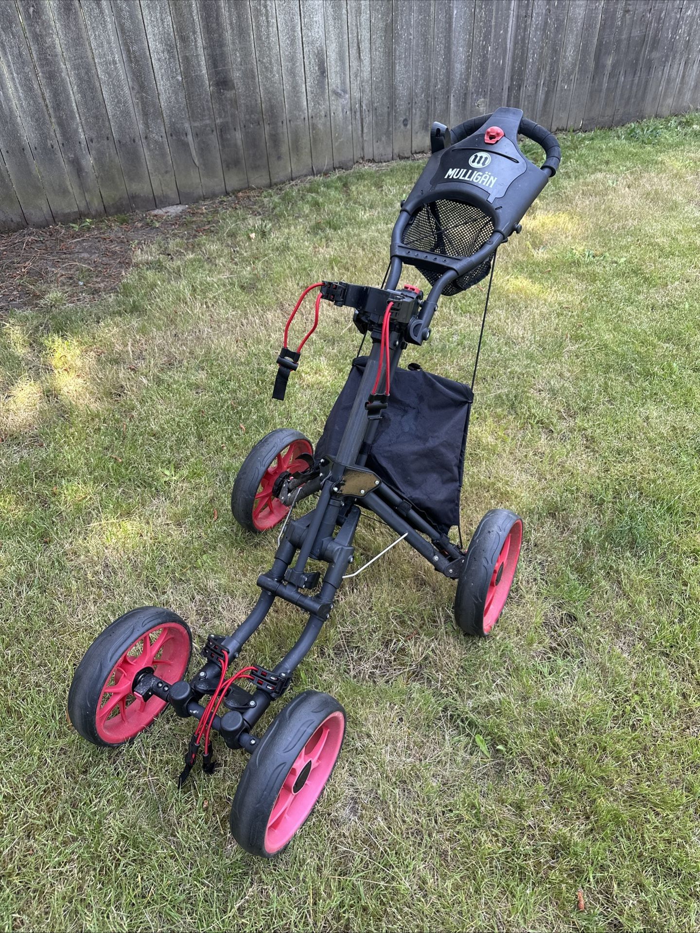 Mulligan 4-Wheel Golf Push Cart Folding Trolley Red Wheels Lightweight SEE