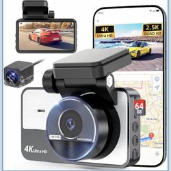 NEW Dash Cam Front Rear, 4K/2.5K Full HD Dash Camera for Cars, Included 64GB Card, Built-in Wi-Fi Camera, Night Vision, 3” IPS Screen, 170°Wide Angle,
