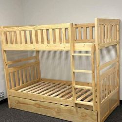 Brand New🌛🌛$10 Down Payment Finance 🌞Bartly Natural Pine Twin/Twin Bunk Bed with Trundle