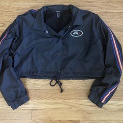 Forever 21 cropped jacket Women’s Large Black Striped Sleeves Buttons NWOT