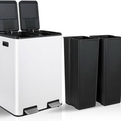 16 Gal Dual Kitchen Trash Can, Stainless Steel Garbage Bin, Recycle Waste Dustbin, w/2 Built-in Box for Odor Control, Soft-Close Lid,2 Buckets, Foot P