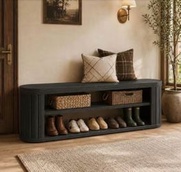 BYBLIGHT 17.7 in. H x 47.2 in. W Black Wood Shoe Storage Bench with 3-Tier Storage and Adjustable Foot Pads for Entryway, Hallway