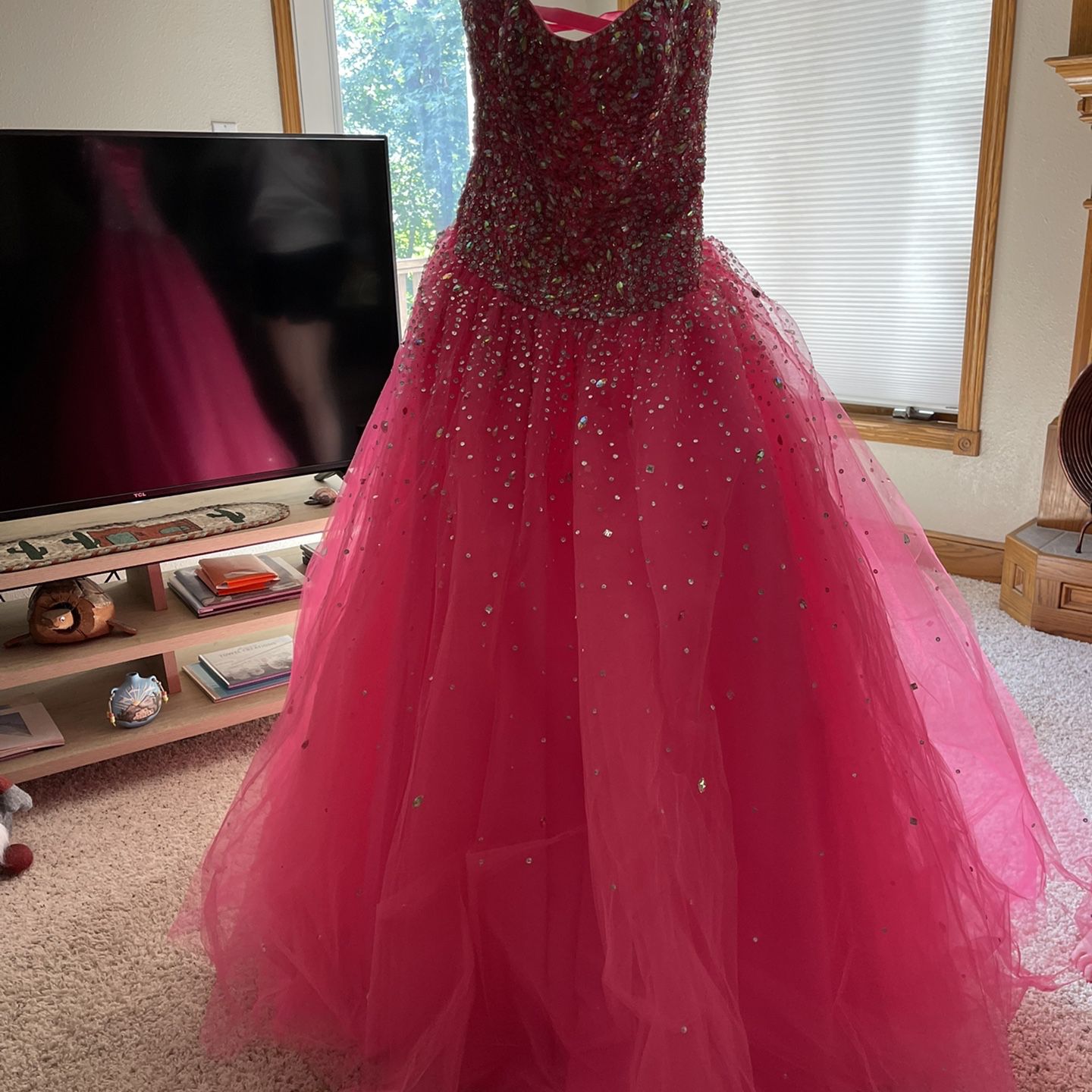 Mori Lee Rhinestoned Hot Pink Princess Prom  Dress