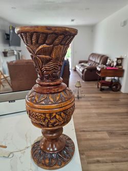 Hand Carved Wooden Vase 18" Floral Leaf Urn Pedestal Decorative Wood Art
