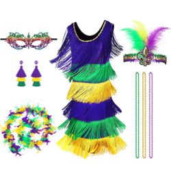 8 Pcs Mardi Gras Costume Accessories Set Mardi Gras Fringe Dress Feather Headband Eye Mask Bead Necklace Earring MEDIUM
