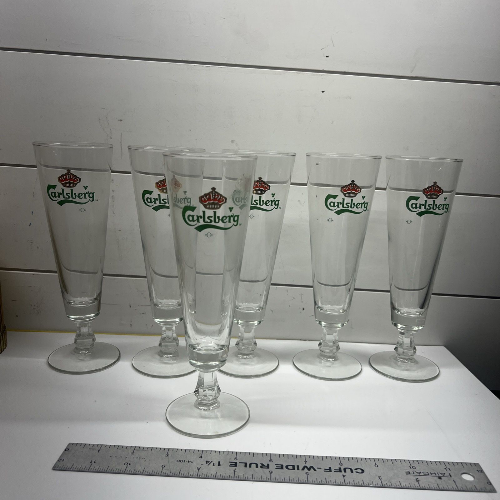 6 RARE Carlsberg Danish Pilsner Beer Glasses Stem Denmark Barware Man Cave Decor