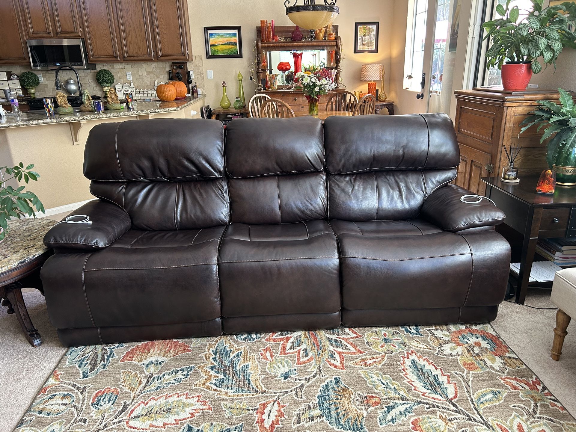 DOUBLE Reclining, 100% soft Leather Sofa, Dark Chestnut Brown