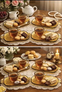 Vintage Amber Glass Snack Plates w/Tea Cups