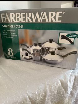 FARBERWARE 8PCS Stainless Steel Cookware 5qt/10” cover skillet/2qt cover saucepan & 1qt cover soucepan