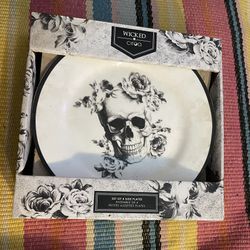 Ciroa Wicked Skull w/ Flowers 8” side Plates (x4) Bone China - NEW