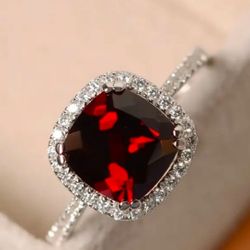 Size 6 5.10Ct Cushion Shape Red Moissonite & Diamond Engagement Ring 14K White Gold