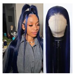 Dark Blue Wig Long Straight Navy Blue Synthetic Lace Front Wigs Pre Plucked Natural Hairline 28inch 603