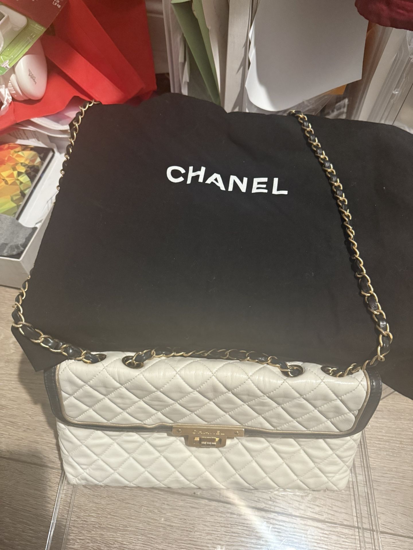 Authentic Chanel Quilted Flap Shoulder Bag – White with Black Trim + Chain Strap