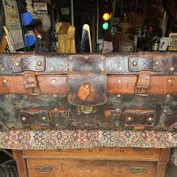 Antique Leather And Brass Trunk 42 Inches Long By 22 Wide By 12 Inches Deep Missing Some Handles As Is 