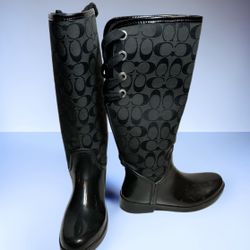 Coach  Black Tristee Rain Boots Lace Up Back Sz 6B Tall Rubber Wellington