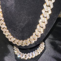 Diamond Gold Cuban Link Chain And Matching Cuban Link Bracelet
