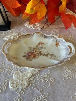 Antique Porcelain Floral Serving Dish with Handles