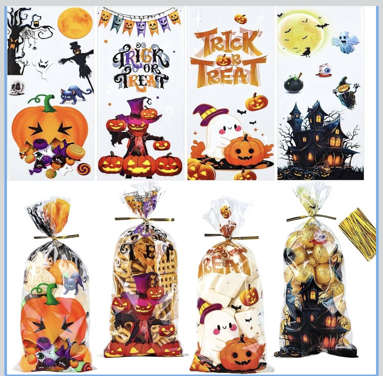 100 Pack Cellophane Bags Halloween Treat Bags (4.8x10.6inch) (New)