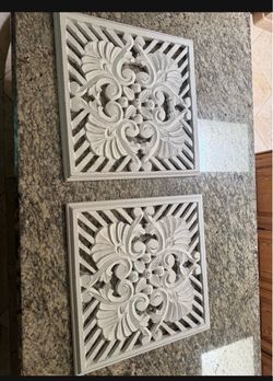 Home Decor. Set of 2 White Carved Wood Wall Panels