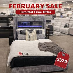 Upholstered Queen Flame Visualizer Bed Grey