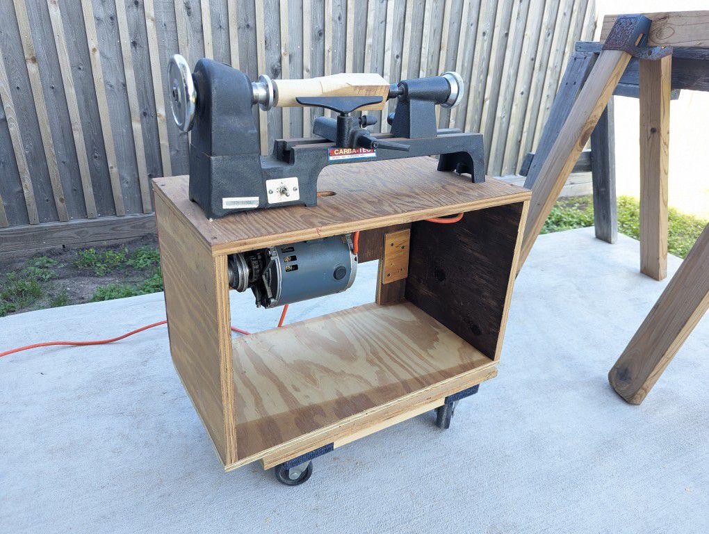 Carbatec Mini Lathe HM-1A  Belt Driven by 1/8 hp GE motor on custom Wooden Rolling Stand Cart GREAT CONDITION 