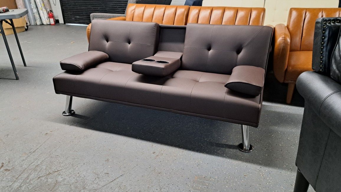 NEW MODERN FUTON SOFA  Cup Holders FAUX LEATHER BROWN 