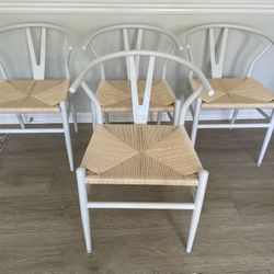 Set of 4 Weave Chair Mid-Century Metal Dining Chair Y-Shaped Backrest Hemp Seat, White