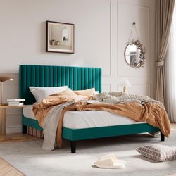 Full Upholstered Platform Bed Frame with Vertical Channel Tufted Velvet Fabric Adjustable Headboard, Wooden Slats Support, Mattress Foundation, Box Sp