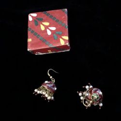 Red Enamel Gold Indian Dome Dangling Embedded Earrings W/Crystals & Pearls