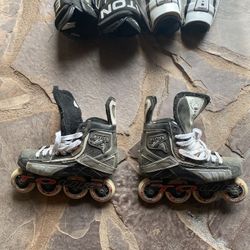 Roller Hockey Skates, Gloves, Shin Pads